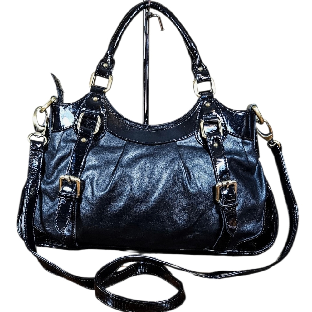 Vintage DEBORAH GALLO ITALY BLACK LEATHER PATENT SATCHEL Crossbody BAG Bag 2 Way